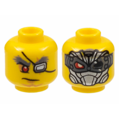 yellow minifigure head dual sided bushy eyebrows red right eye silver eye patch left eye silver mask red eye and black eye pattern