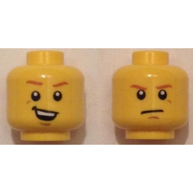 yellow minifigure head dual sided dark orange eyebrows crooked smile with teeth determined closed mouth pattern