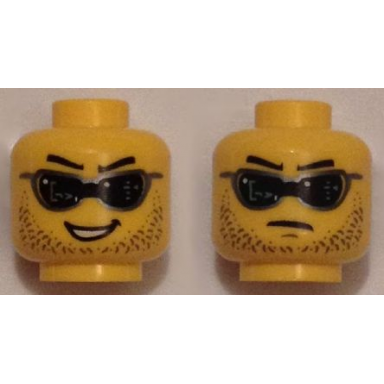 yellow minifigure head dual sided black digital sunglasses stubble crooked open mouth smile determined closed mouth pattern