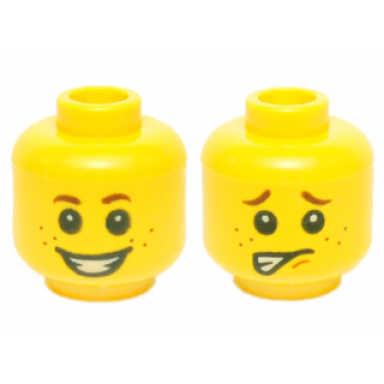 yellow minifigure head dual sided child reddish brown eyebrows and freckles open mouth smile with teeth worried pattern