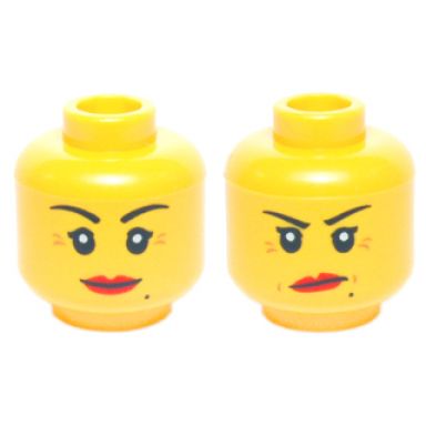 yellow minifigure head dual sided female red lips crows feet and beauty mark smile annoyed with short frown lines pattern