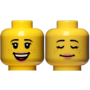yellow minifigure head dual sided female black eyebrows freckles eyelashes nougat lips open mouth smile with top teeth and tongue sleeping pattern