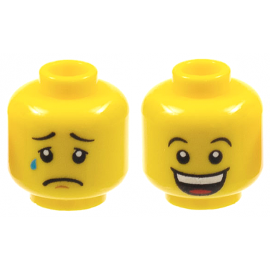 yellow minifigure head dual sided black concave eyebrows upper eyelids tear drop chin dimple and sad frown huge open mouth smile with top teeth and red tongue pattern