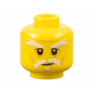 yellow minifigure head white bushy eyebrows moustache and soul patch upper eyelids medium nougat cheek lines and wrinkles slight grin pattern