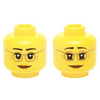 yellow minifigure head dual sided female dark tan glasses laugh lines dark orange lips neutral raised eyebrows amused pattern