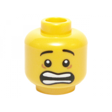 yellow minifigure head mouth open scared white pupils and raised eyebrows pattern