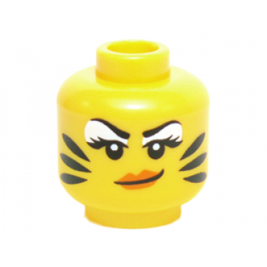 yellow minifigure head female white eye shadow orange lips and black tiger stripes pattern