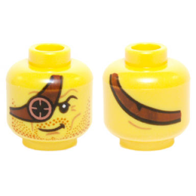 yellow minifigure head beard stubble dark red reddish brown eye patch with copper eyepiece pattern