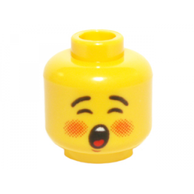 yellow minifigure head rosy cheeks open mouth black eyebrows pattern caroler