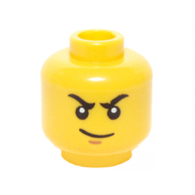 yellow minifigure head male stern black eyebrows white pupils and smirk pattern kai
