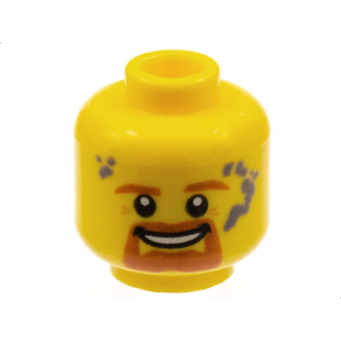 yellow minifigure head dark orange eyebrows goatee and moustache dark bluish gray splotches open mouth smile with teeth pattern