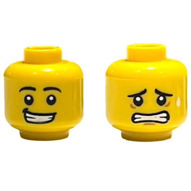 yellow minifigure head dual sided black eyebrows white pupils smile with teeth scared pattern