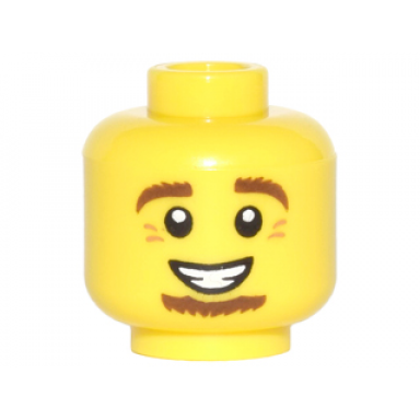 yellow minifigure head brown eyebrows and goatee white pupils crows feet smile with teeth pattern