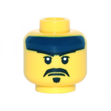 yellow minifigure head dark blue headband white pupils black moustache and goatee pattern