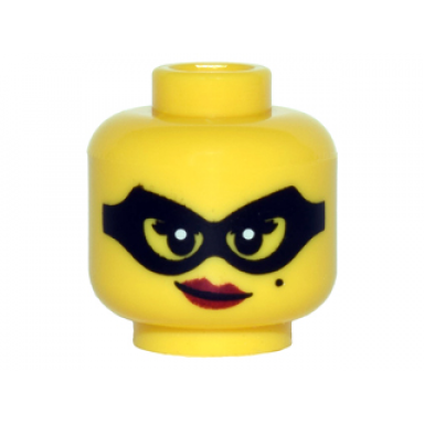 yellow minifigure head female black eye mask beauty mark red lips with smirk pattern