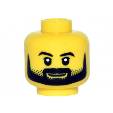 yellow minifigure head black eyebrows and full black beard with stubble smile white pupils pattern