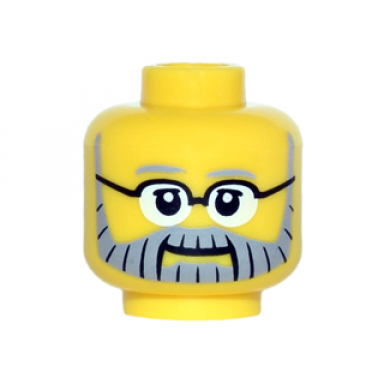 yellow minifigure head gray eyebrows and full beard with black lines black glasses and white pupils pattern