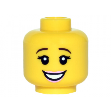 yellow minifigure head female dark brown eyebrows black eyelashes bright pink lips open mouth smile with teeth pattern
