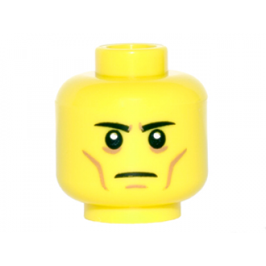 yellow minifigure head black eyebrows straight white pupils cheek lines chin dimple frown pattern