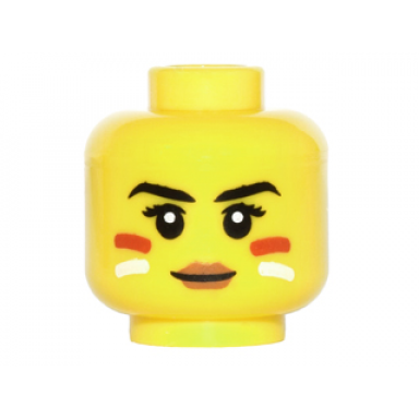 yellow minifigure head female black eyebrows dark orange lips and red and white face paint pattern