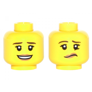 yellow minifigure head dual sided female dark brown eyebrows dark tan lips with open smile lip and eyebrow raised pattern