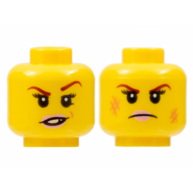 yellow minifigure head dual sided female dark red eyebrows pink lips frown scratches eyebrow raised chipped toothed smirk pattern