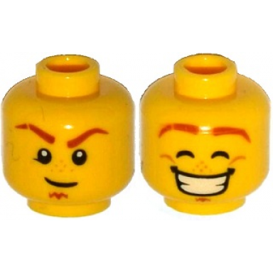 yellow minifigure head dual sided dark orange eyebrows with scar soul patch medium nougat freckles determined smile with teeth dimples eyes closed pattern