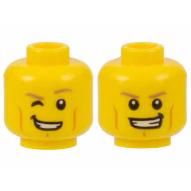 yellow minifigure head dual sided dark tan eyebrows cheek lines smile with right eye winking smile with teeth pattern