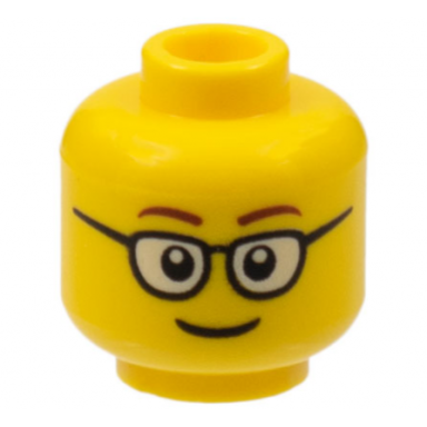 yellow minifigure head glasses rounded with brown thin eyebrows smile pattern