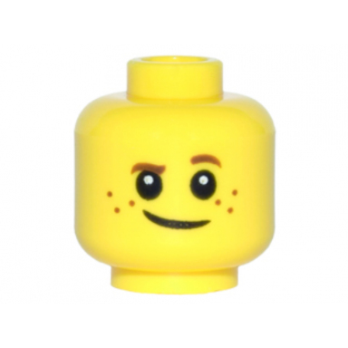 yellow minifigure head child brown eyebrows raised left eyebrow freckles white pupils crooked smile pattern