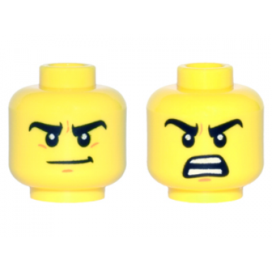 yellow minifigure head dual sided thick black eyebrows medium nougat chin dimple determined smirk open mouth scowl with teeth parted pattern