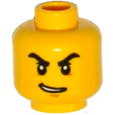 yellow minifigure head black thick angry eyebrows lopsided open smile pattern