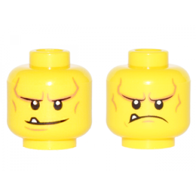 yellow minifigure head dual sided black eyebrows white pupils chin dimple and cheek lines smile with tooth frown angry pattern