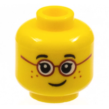 yellow minifigure head child black eyebrows single eyelashes glasses with red round frames freckles lopsided grin pattern