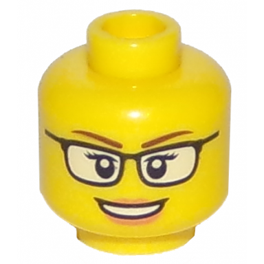 yellow minifigure head female black glasses with white lenses reddish brown eyebrows nougat lips and open mouth smile with teeth pattern