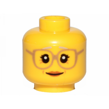 yellow minifigure head female glasses dark tan gray eyebrows crows feet peach lips pattern