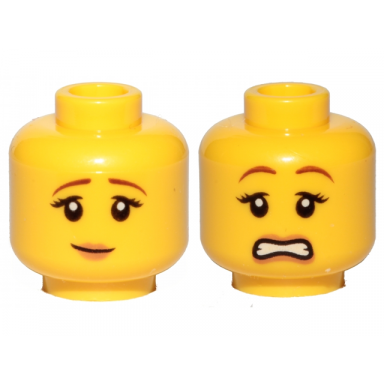 yellow minifigure head dual sided female reddish brown eyebrows black eyelashes nougat lips slight grin scared open mouth with teeth pattern