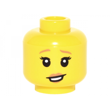 yellow minifigure head female dark orange eyebrows and lips black eyelashes lopsided open mouth smile with teeth pattern