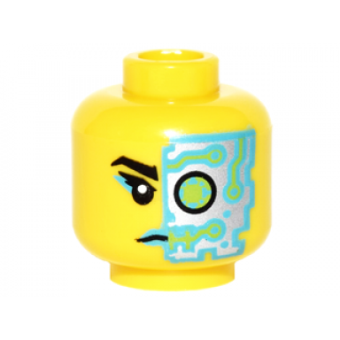 yellow minifigure head female black eyebrow dark azure lips dark azure and silver cyborg eyepiece pattern