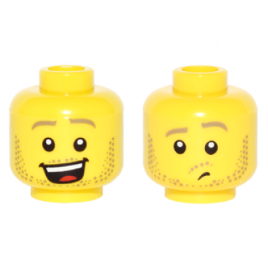 yellow minifigure head dual sided dark tan eyebrows and stubble beard open smile raised left eyebrow lost pattern