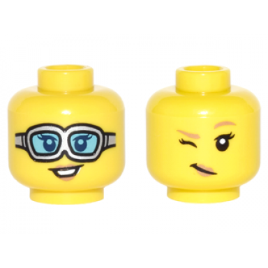 yellow minifigure head dual sided female silver goggles with medium azure lenses dark tan eyebrows and wink pattern