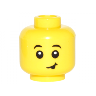 yellow minifigure head child raised black eyebrows white pupils lopsided smile with black tongue out pattern