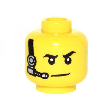 yellow minifigure head black eyebrows white pupils black and silver headset pattern