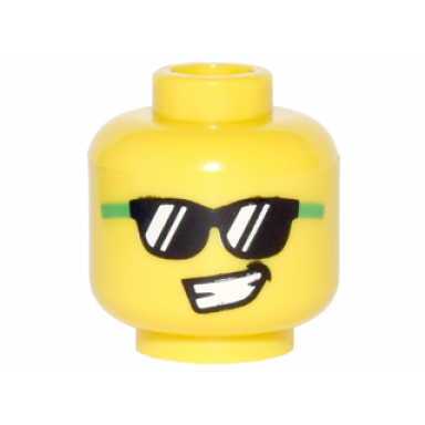 yellow minifigure head black sunglasses with reflections and bright green temples lopsided open mouth smile with teeth pattern