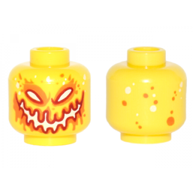 yellow minifigure head alien lava monster with white red and orange eyes and smile dots on back pattern