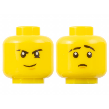 yellow minifigure head dual sided black eyebrows one scarred white pupils brown chin dimple firm grin worried pattern
