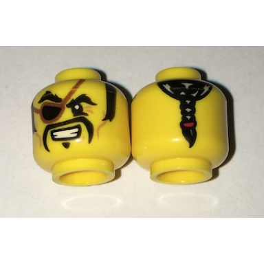yellow minifigure head pirate black sideburns eyebrows and fu manchu moustache eye patch ponytail in back pattern