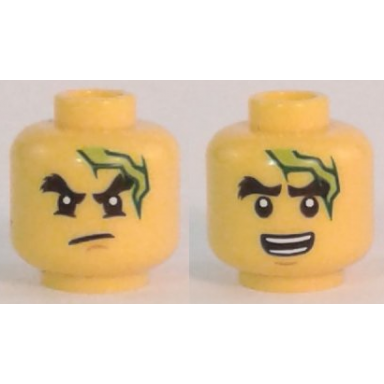 yellow minifigure head dual sided black bushy eyebrows chin dimple lightning bolt scowl open mouth with teeth pattern