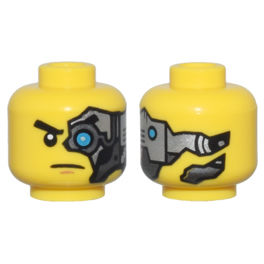 yellow minifigure head alien with black eyebrow dark azure mechanical left eye silver head plate medium nougat chin dimple frown pattern