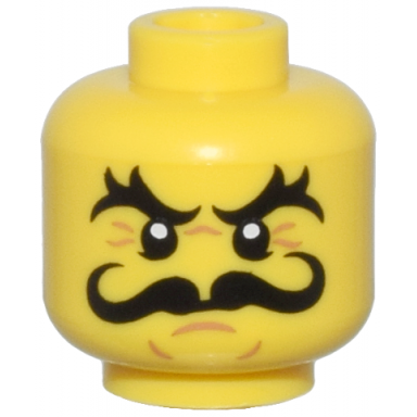 yellow minifigure head black bushy eyebrows and curly moustache nougat chin dimple and wrinkles angry scowl pattern